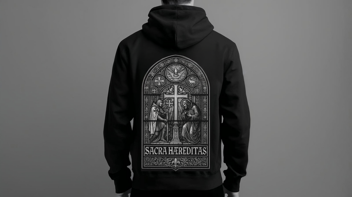 Hoodie DVSH « Sacra Hæreditas » — Noir (écusson poitrine, vitrail dos)