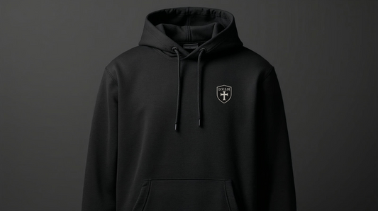Hoodie DVSH « Sacra Hæreditas » — Noir (écusson poitrine, vitrail dos)