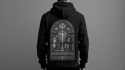 Hoodie DVSH « Sacra Hæreditas » — Noir (écusson poitrine, vitrail dos)